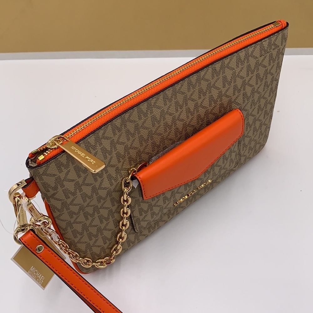 Michael Kors Jet Set LG 2 in 1 card case wristlet Wallet POPPY BROWN SIGNATURE - Picture 10 of 16